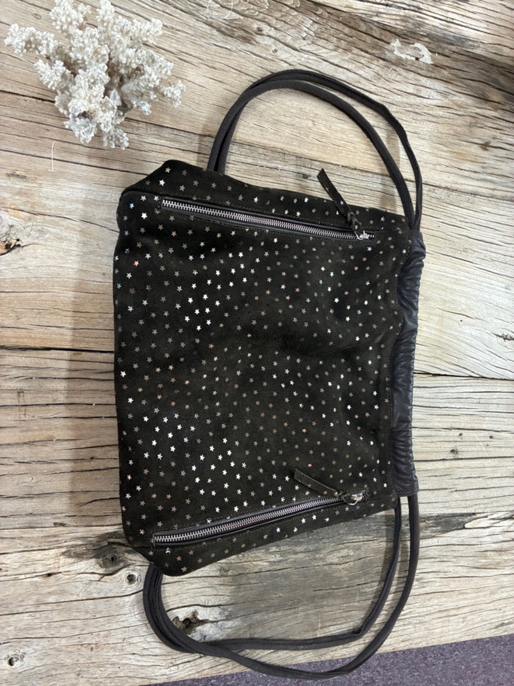 Black Studded Suede Backpack Tote Bag Gold Star Studs Women Drawstring Zip